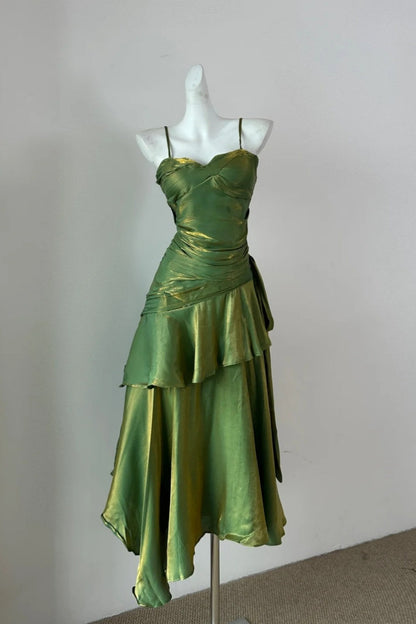 formaldressy-Fashionable And Unique Emerald Green Shiny Spaghetti - Strap Ruffled Midi Dress gh5843