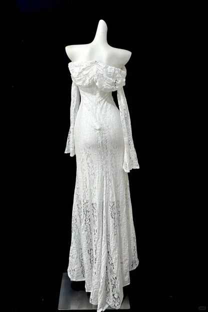 formaldressy--White moonlight lace one-shoulder long prom dress gh5476