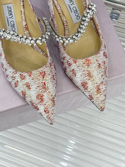 Jimmy Choo Classic Diamond Chain Point Toe High Heels Light Pink Sheepskin 573545