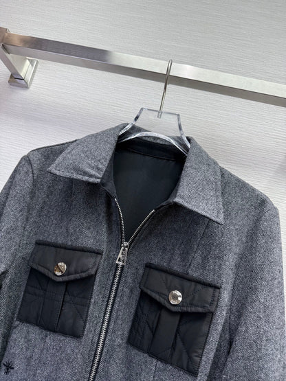 CD 25SS Lapel Middle Zipper Guilted Four Pockets Contrast Color Dress Gray Wool 304163
