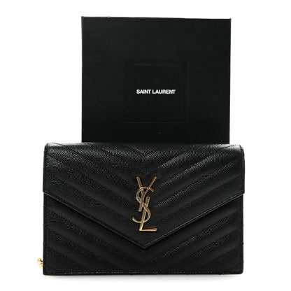 Grain De Poudre Matelasse Chevron Monogram Envelope Chain Wallet Black