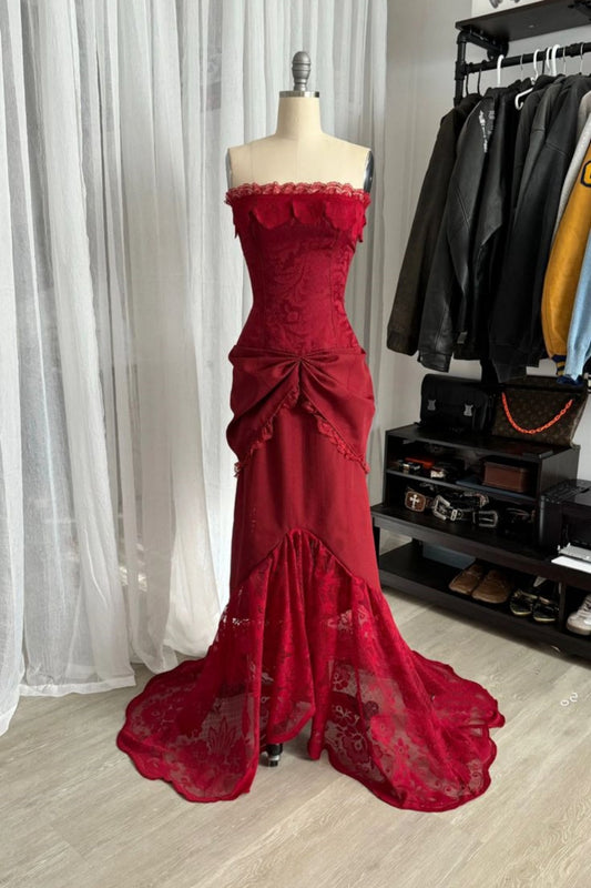 formaldressy--Red Vintage Elegant Long Lace Floor-Length Ball Gown Prom Dress gh5670