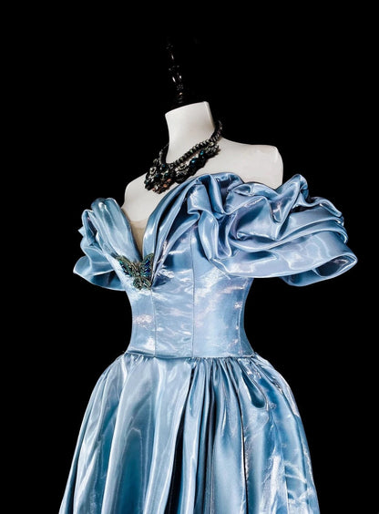 formaldressy-Elegant long satin formal ball gown in blue gh6136