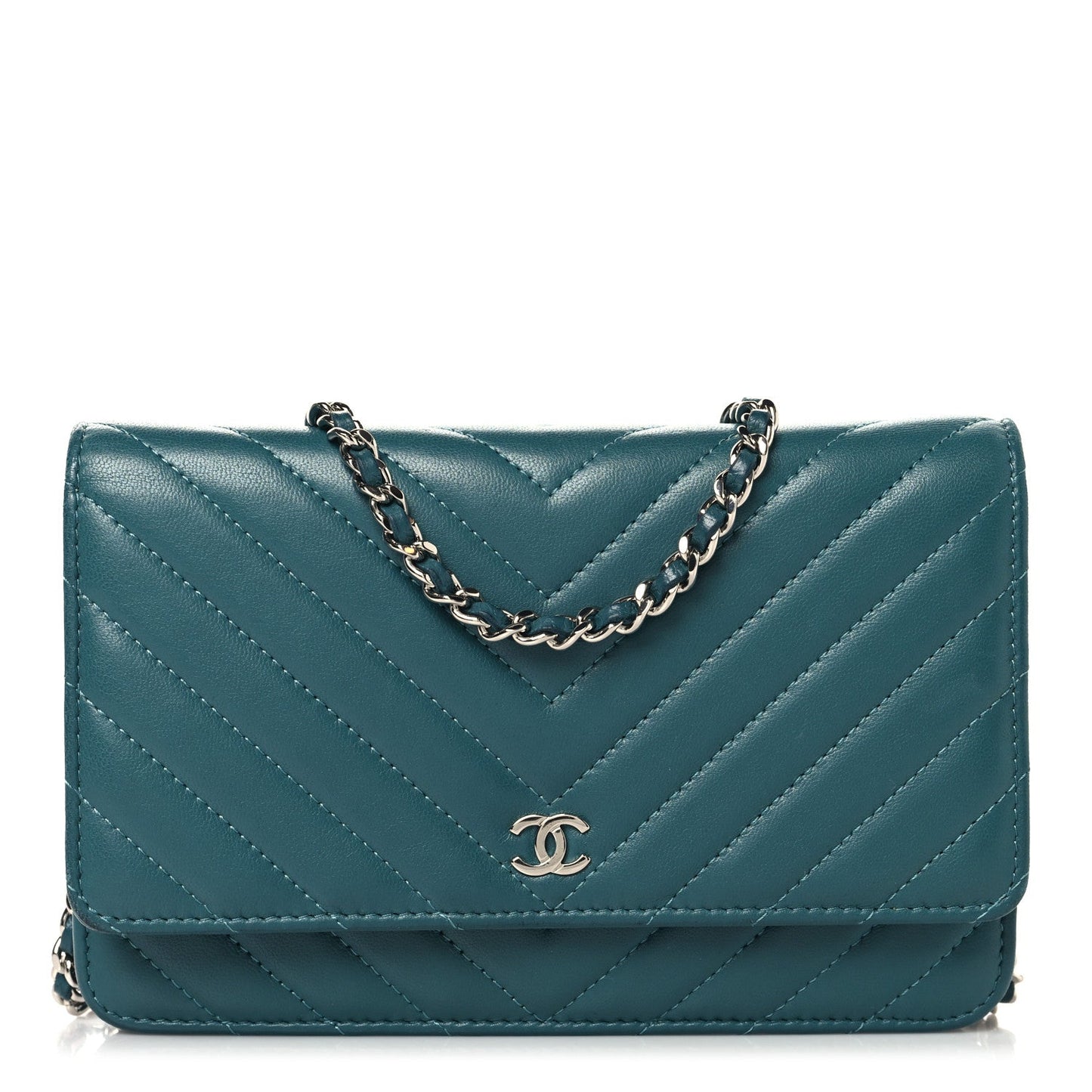 Lambskin Chevron Quilted Wallet On Chain WOC Turquoise