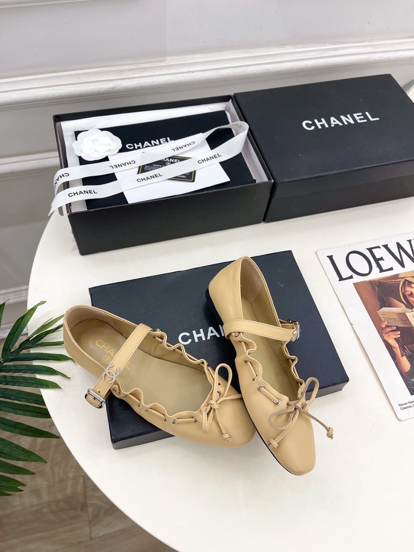 CC 26 SS Ruffled Bow Mary Jane Flats Beige Calfskin 586930