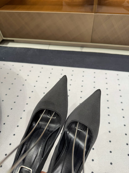 L'ENTRACTE SLINGBACK PUMPS IN BLACK SATIN