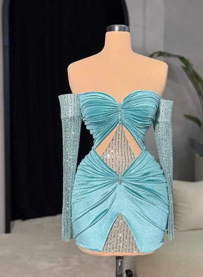 formaldressy-Blue exquisite beaded short velvet long sleeve homecoming dress birthday party dress gh5428