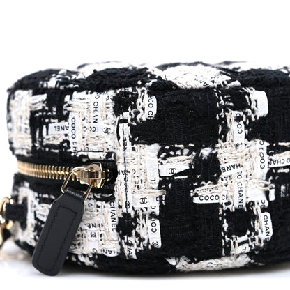 Tweed Quilted Round Clutch With Chain Black Ecru White