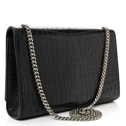 Calfskin Crocodile Embossed Medium Classic Monogram Kate Tassel Satchel Black