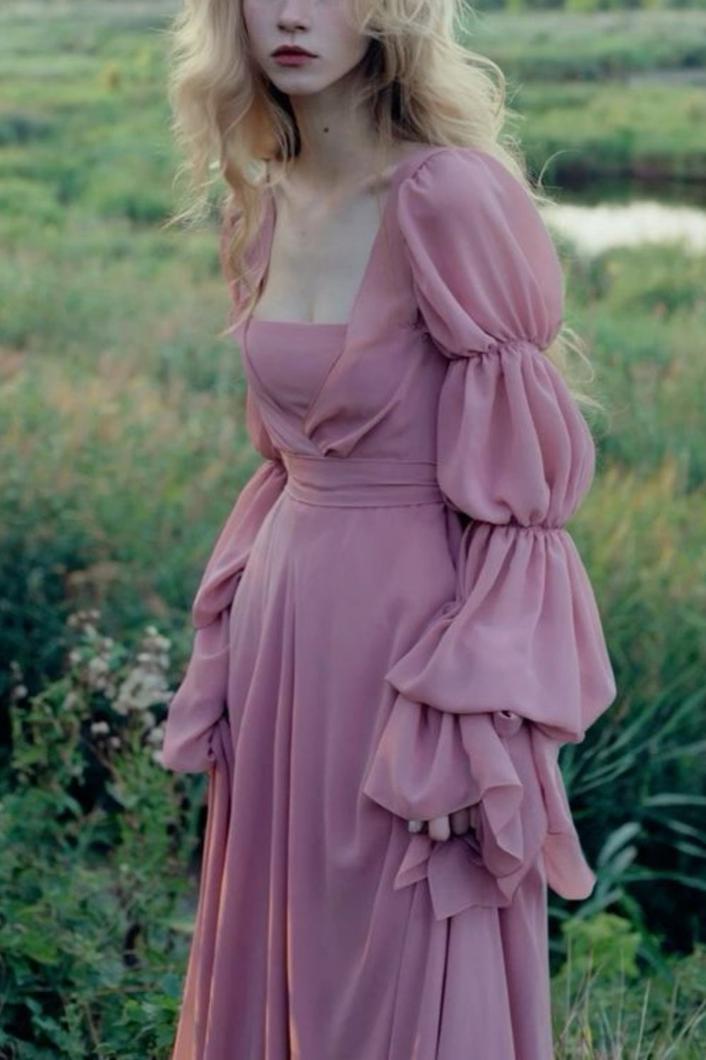 formaldressy-Vintage elegant long sleeve A-line pink chiffon formal prom dress prom dress gh5751