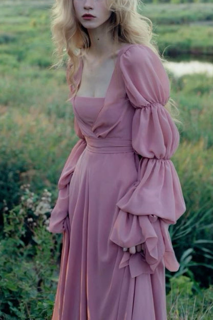 formaldressy-Vintage elegant long sleeve A-line pink chiffon formal prom dress prom dress gh5751