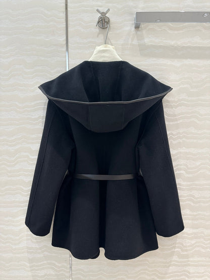 BV Hooded Leather Belt Coat in Black Cashmere