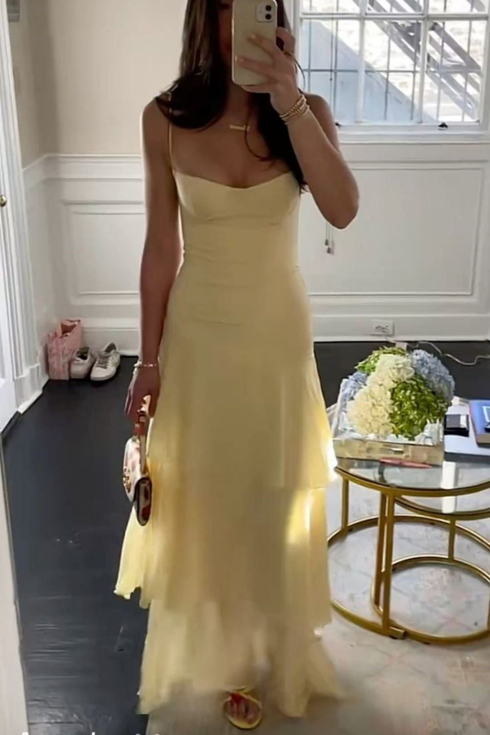 formaldressy-Yellow casual ruffled long chiffon dress gh5860