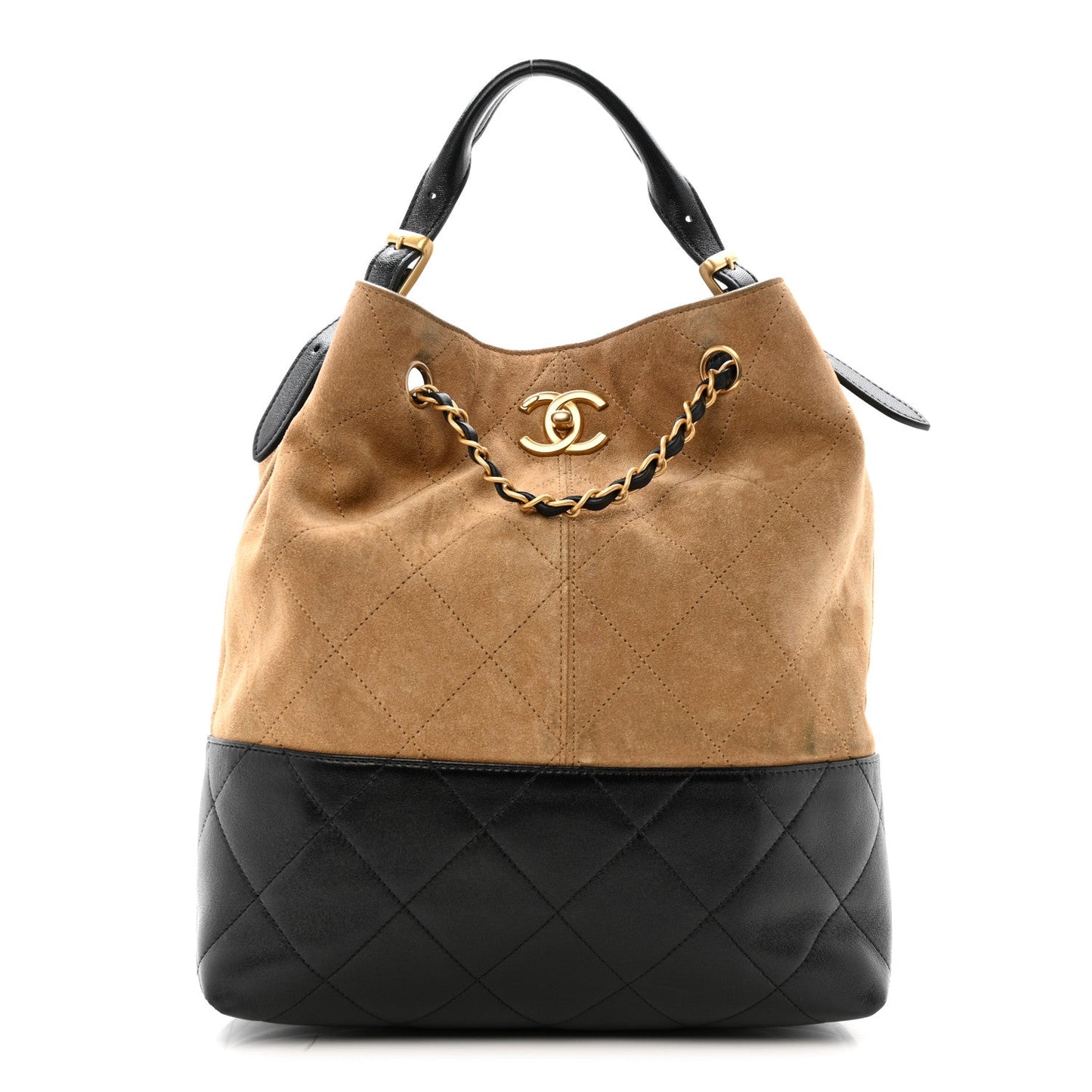 Suede Calfskin Shiny Lambskin Quilted Shopping Bag Beige Black