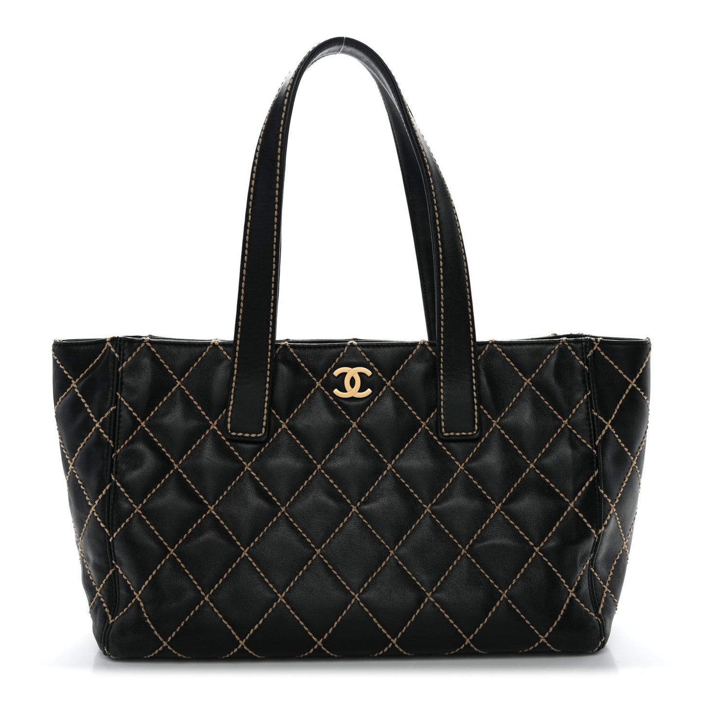 Calfskin Contrast Stitch Surpique Tote Black