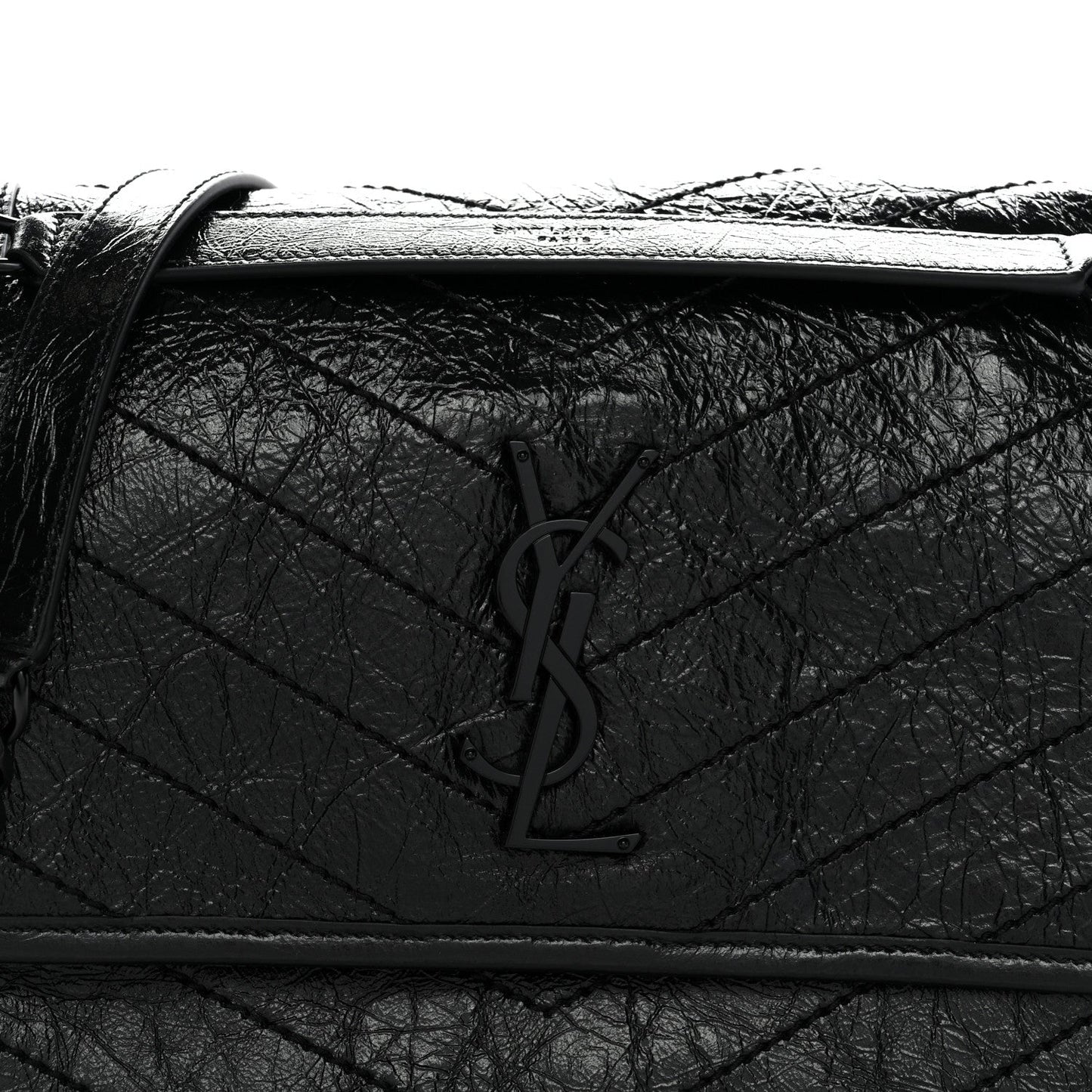 Crinkled Calfskin Matelasse Monogram Medium Niki Chain Satchel Black