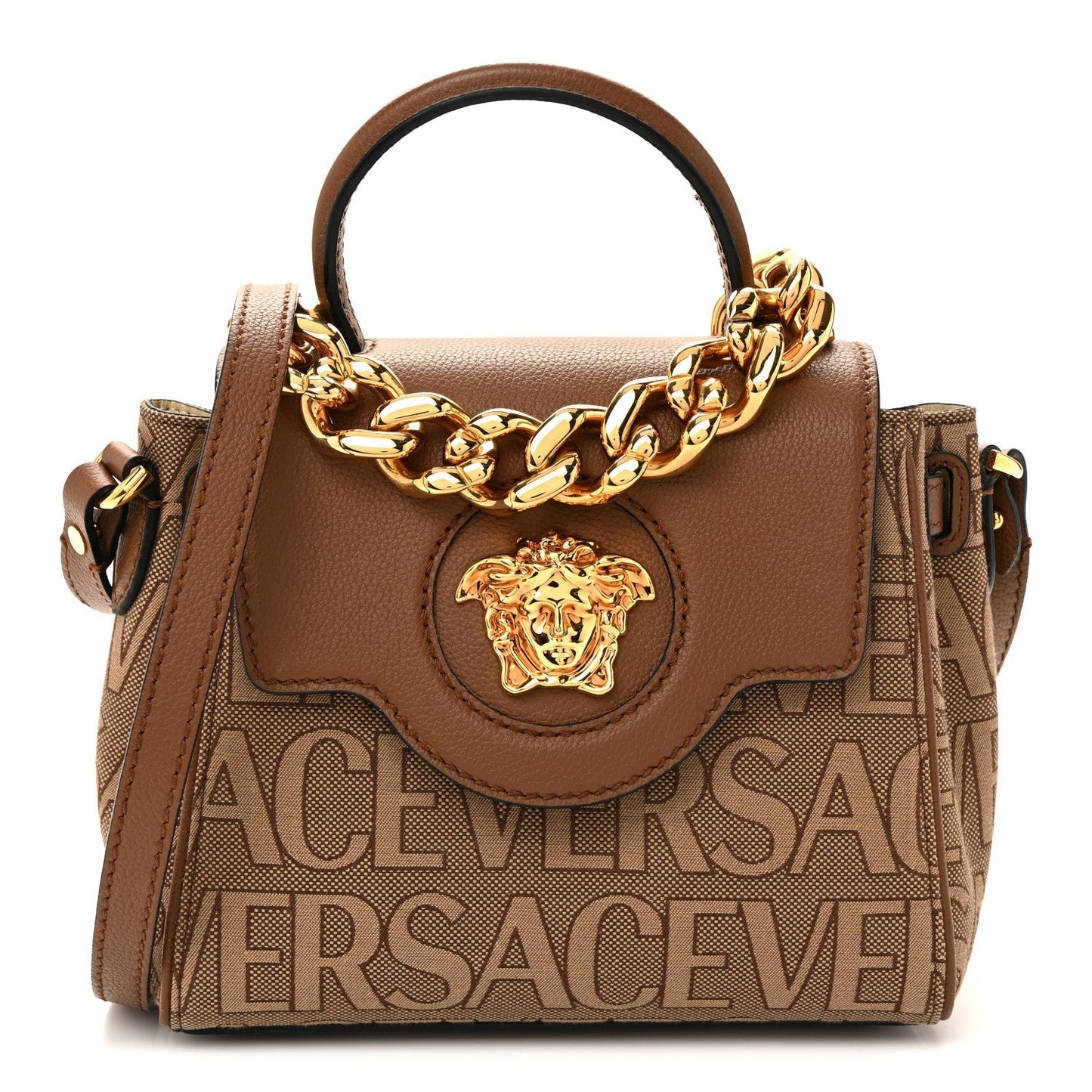 Calfskin Canvas Allover La Medusa Small Top Handle Handbag Brown