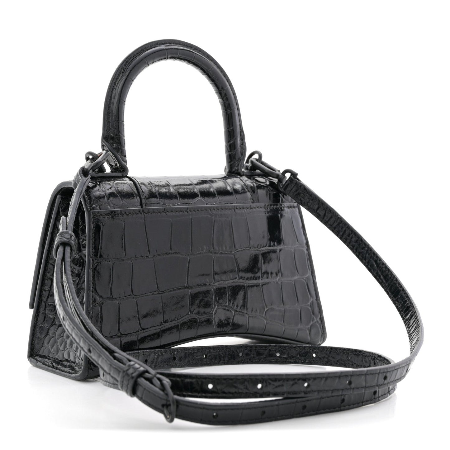 Shiny Calfskin Monochrome Crocodile Embossed Hourglass Top Handle Bag XS Black