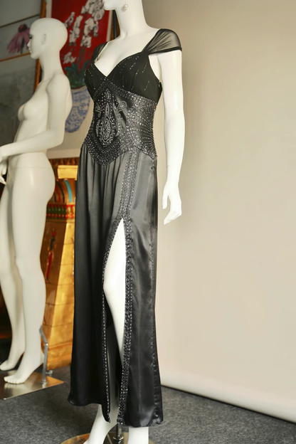 Vintage Sexy Black A Line Exquisite Beaded Chiffon Satin Prom Dress Evening Dress SH5133