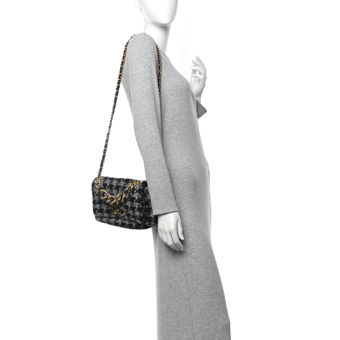 Wool Tweed Quilted Small Elegant Chain Flap Black Grey