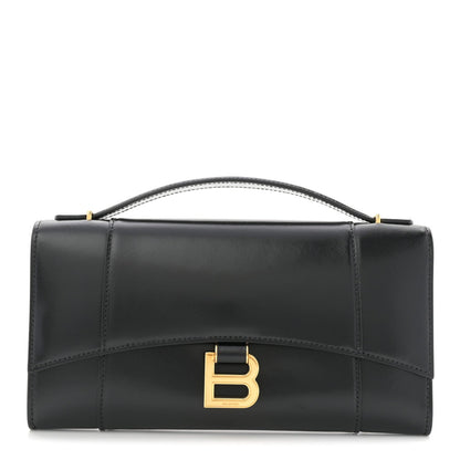 Shiny Calfskin Top Handle Hourglass Clutch Black