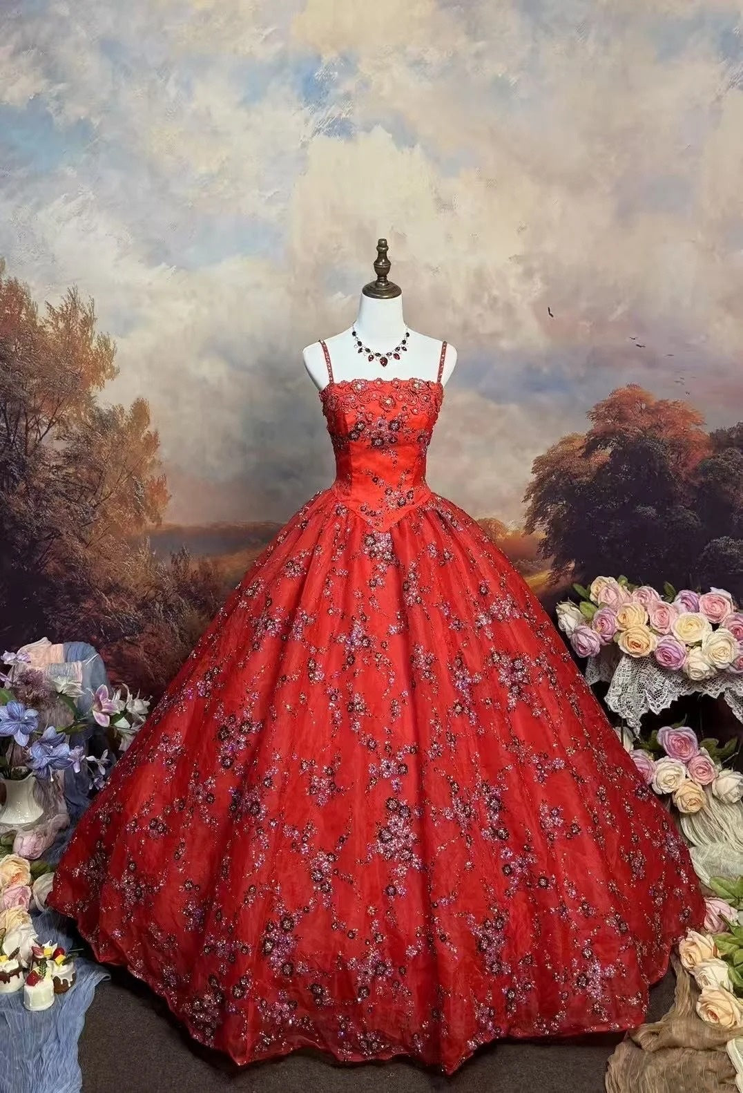 formaldressy-Red, Delicately Beaded, Floral Long Tulle Ball Gown gh6292
