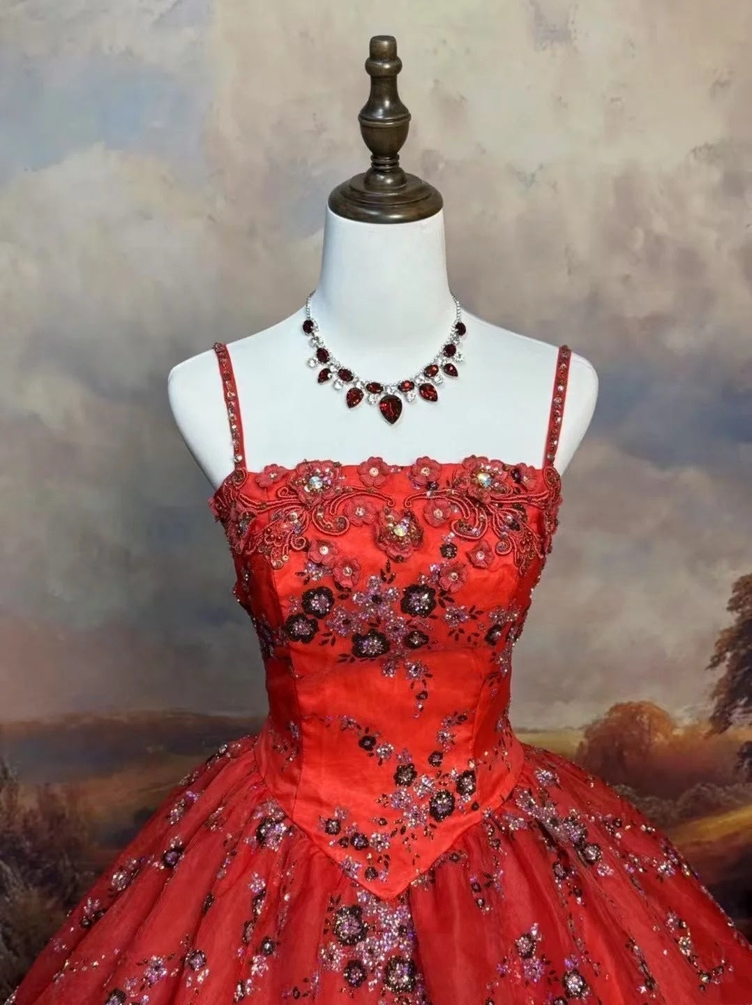 formaldressy-Red, Delicately Beaded, Floral Long Tulle Ball Gown gh6292