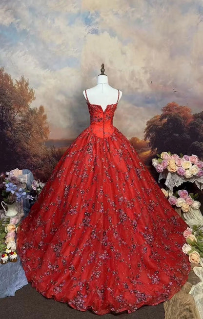 formaldressy-Red, Delicately Beaded, Floral Long Tulle Ball Gown gh6292