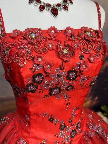 formaldressy-Red, Delicately Beaded, Floral Long Tulle Ball Gown gh6292