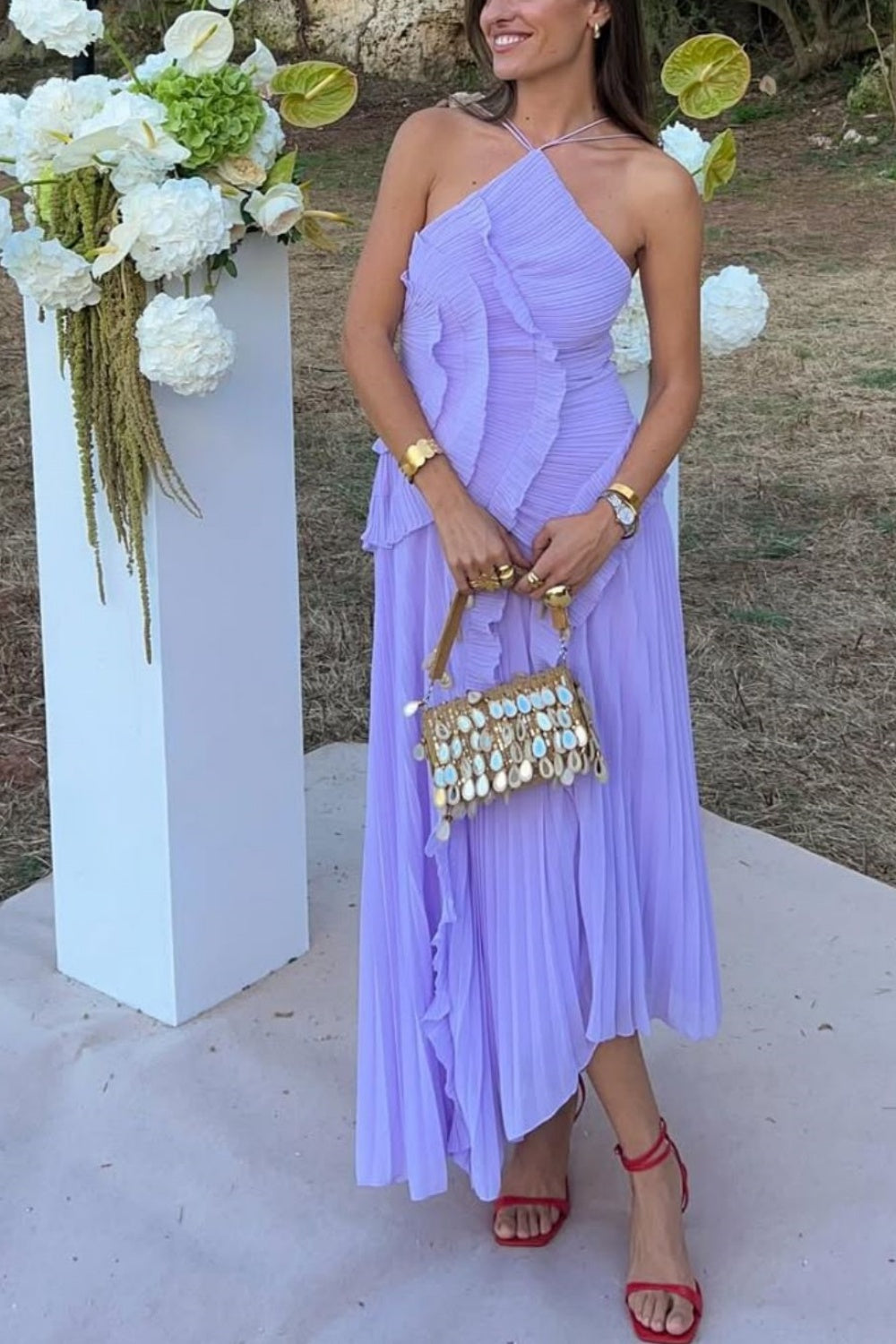 formaldressy-Light Purple Halter Neck Sleeveless Pleated Maxi Evening Dress with Ruffle Details  gh5820