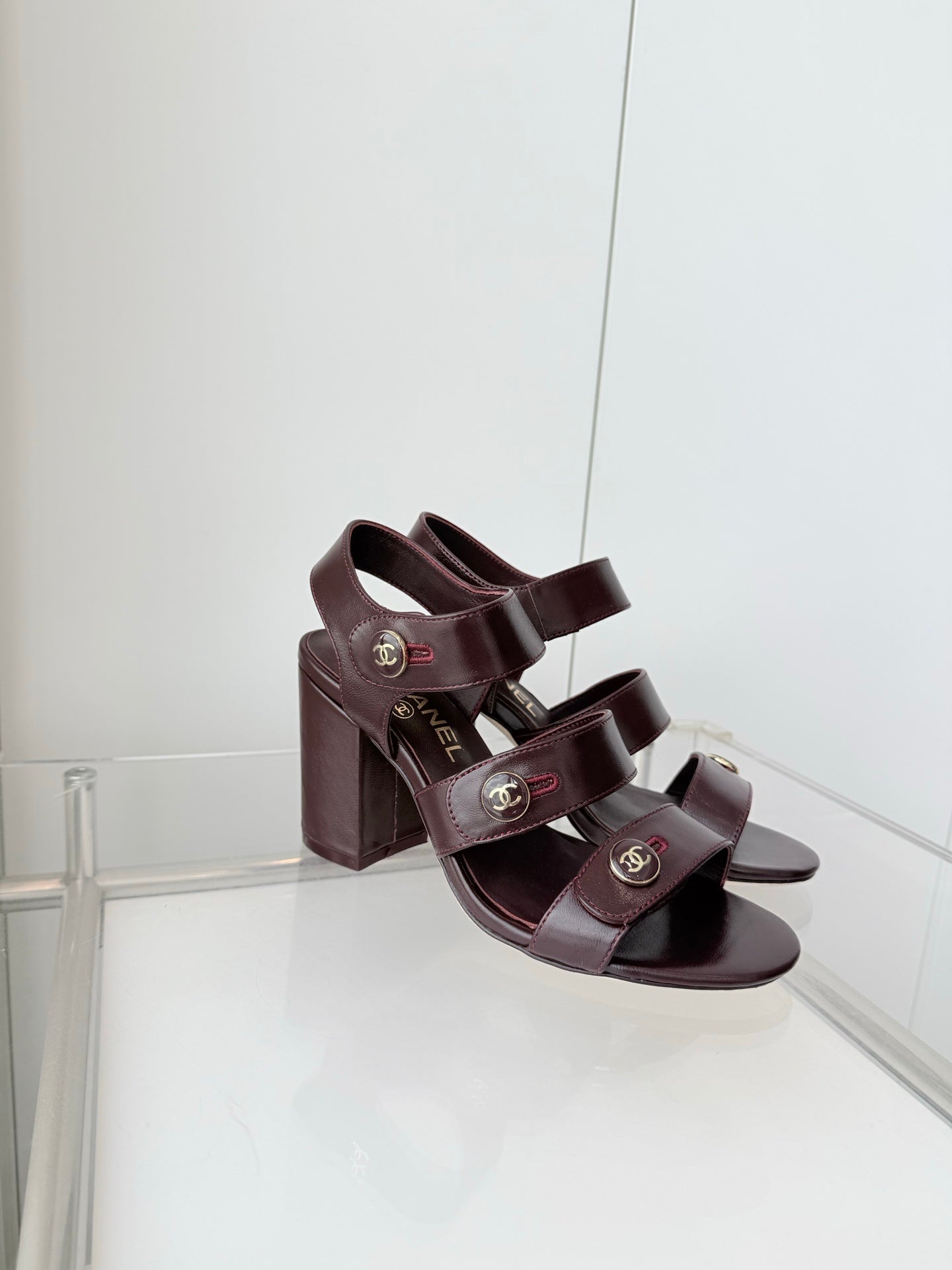 Chanel 26 Turnlock 80 Burgundy Sandal Heels in Lambskin 597404