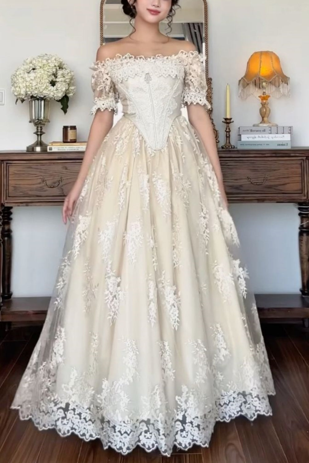 formaldressy-Exquisite Tulle Lace Long Fashionable Wedding Dress Off-Shoulder Dress gh5839
