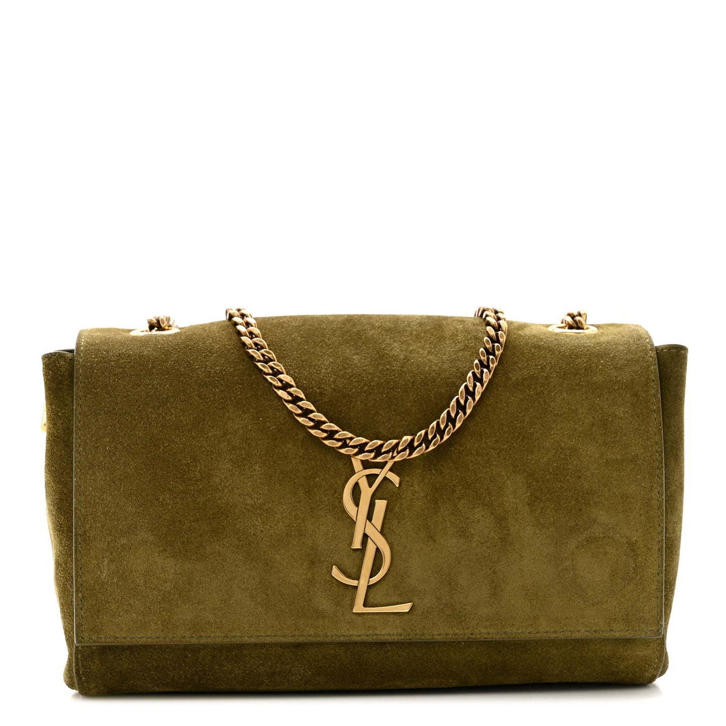 Smooth Calfskin Suede Small Reversible Monogram Kate Satchel Loden Green