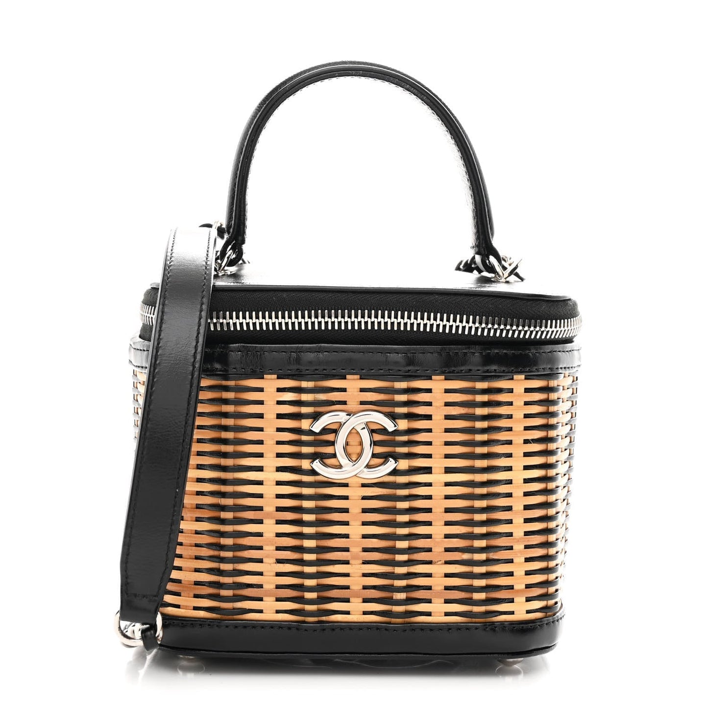 Calfskin Raffia Small Vanity Case Bag Black Beige