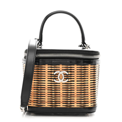 Calfskin Raffia Small Vanity Case Bag Black Beige