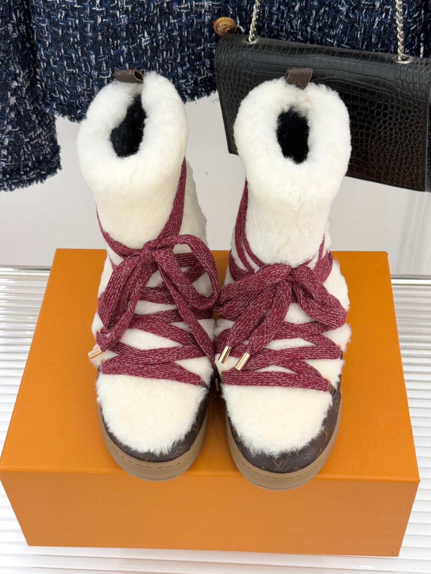 LV Cloud Lace-Up Ankle Boot Sneaker White - Red Shearling Monogram Canvas 572469