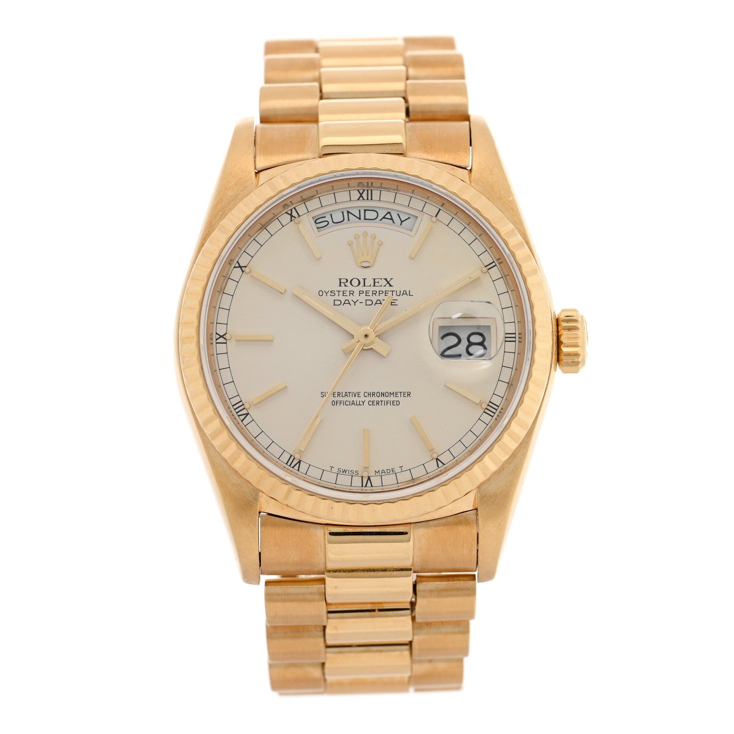 18K Yellow Gold 36mm Oyster Perpetual Day-Date President Watch Silver 18038
