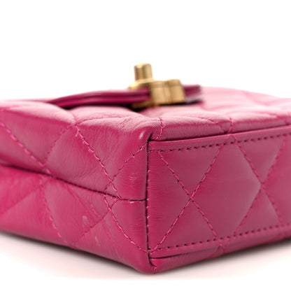 Shiny Aged Calfskin Quilted Mini Nano Kelly Shopper Dark Pink