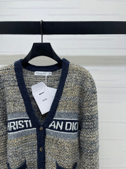 Dior 2025 V-neck Cardigan Beige mix Navy Blue Wool 321292