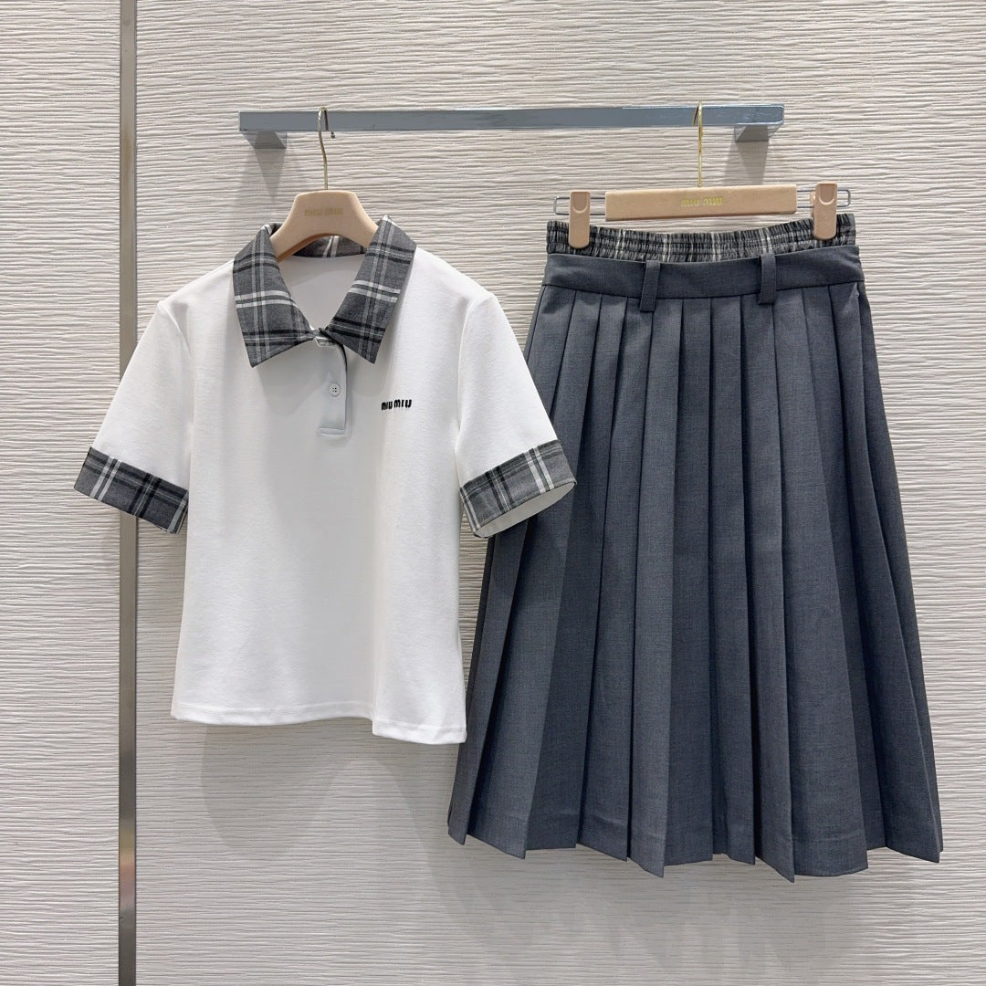 Miu SS26 Set Polo Shirt Pleated Skirt White Charcoal Grey Polyester Cotton 351269