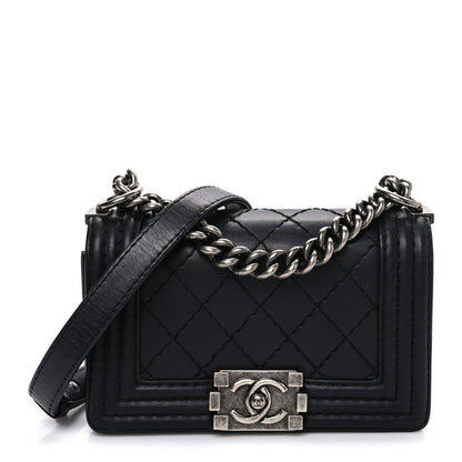 Calfskin Double Stitch Small Boy Flap Black