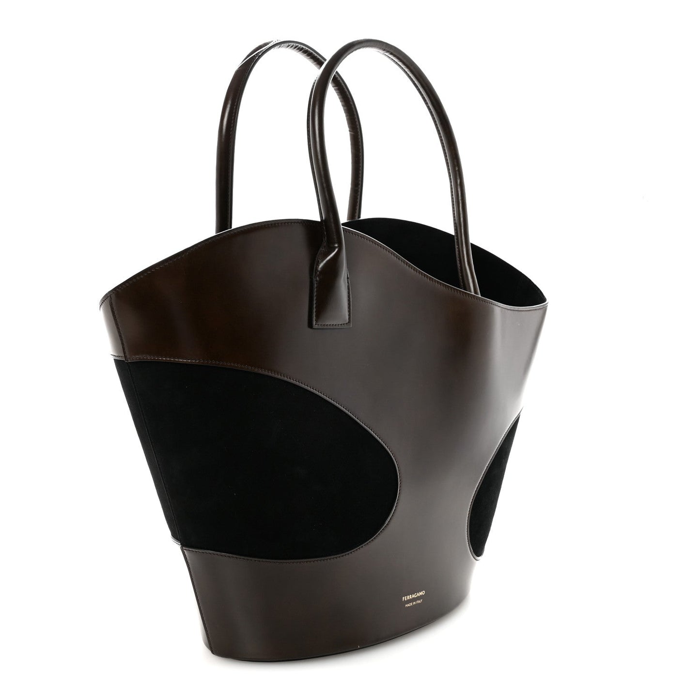 Calfskin Suede Cut Out Large Tote Brown Black
