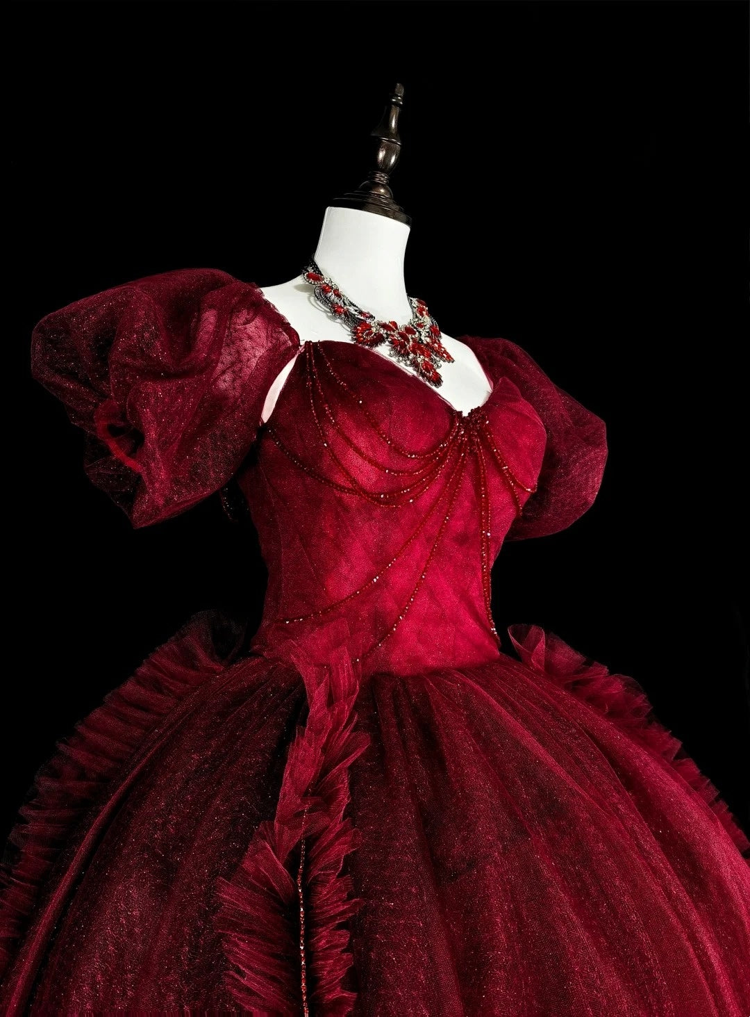 formaldressy-Burgundy Retro Sparkling Short-Sleeved Long Tulle Ball Gown gh6134