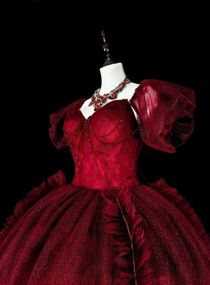 formaldressy-Burgundy Retro Sparkling Short-Sleeved Long Tulle Ball Gown gh6134