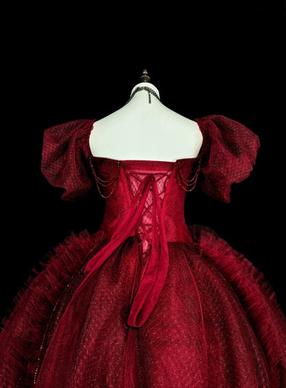 formaldressy-Burgundy Retro Sparkling Short-Sleeved Long Tulle Ball Gown gh6134