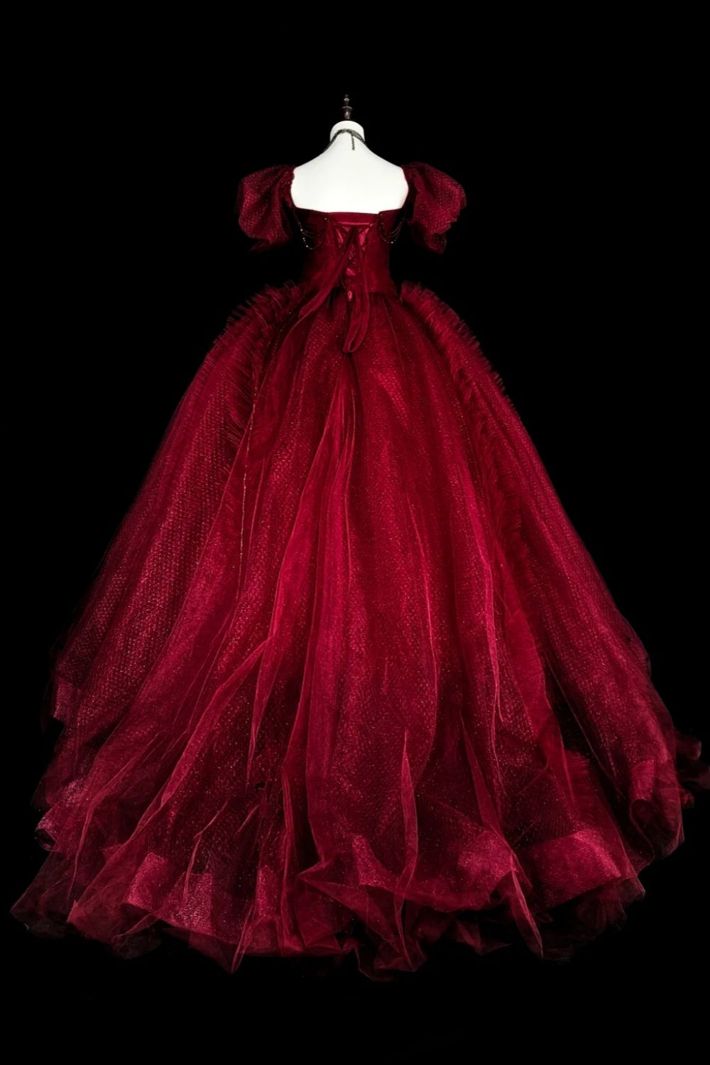 formaldressy-Burgundy Retro Sparkling Short-Sleeved Long Tulle Ball Gown gh6134