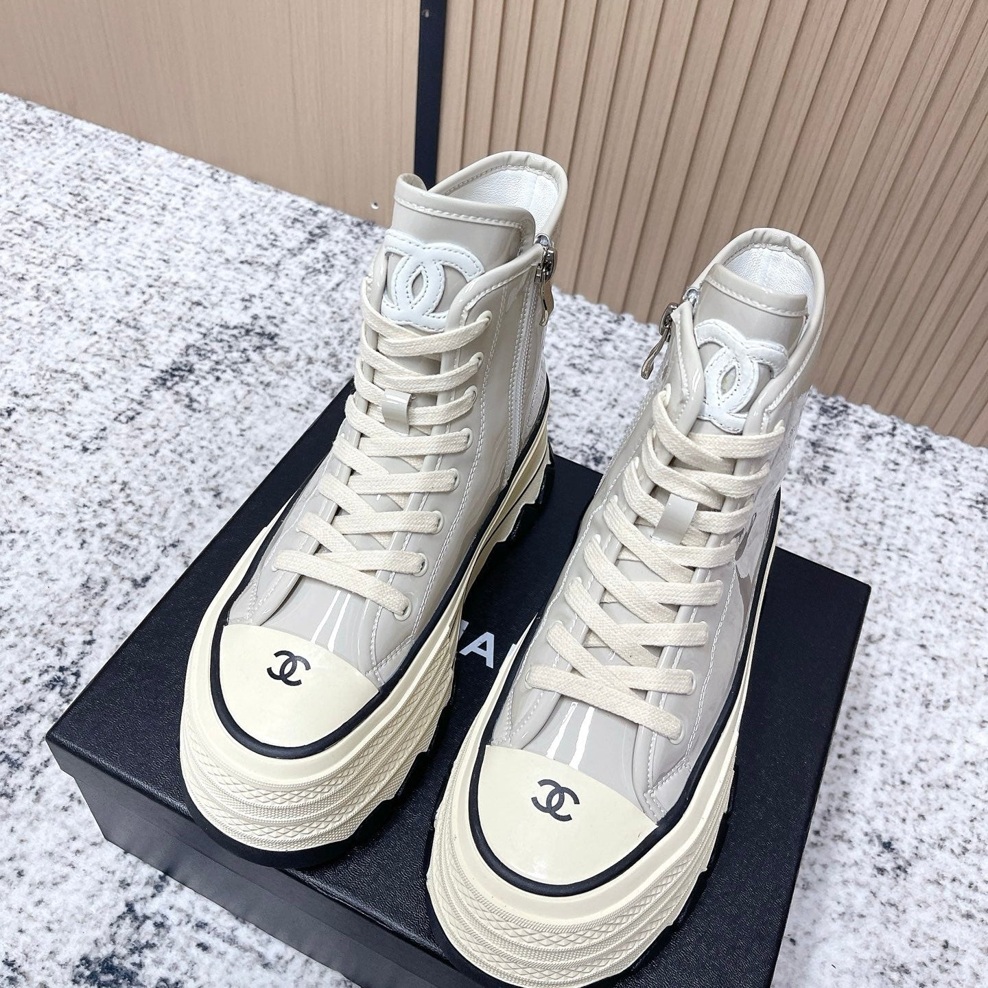 Chanel Platform High-Top Casual Light Blue Sneakers in Cowhide 591370