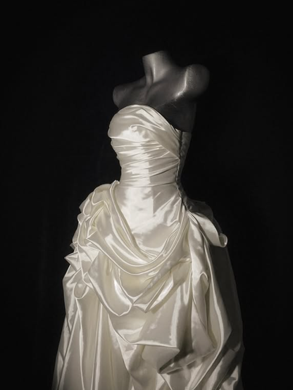 Gentle A Line Strapless Pleated White Satin Long Wedding Dress SH4529