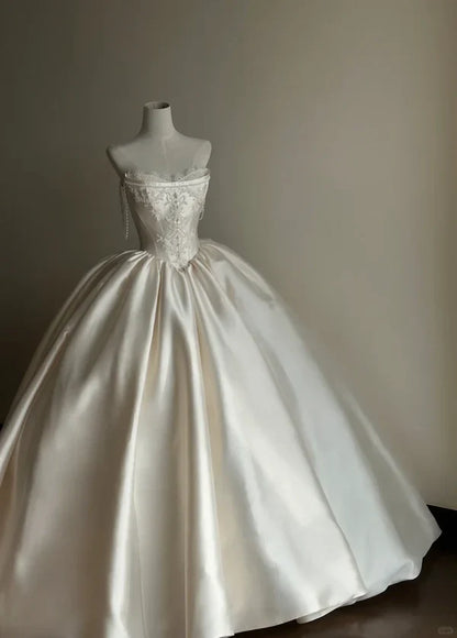 formaldressy-White satin long elegant tulle wedding prom dress gh5435