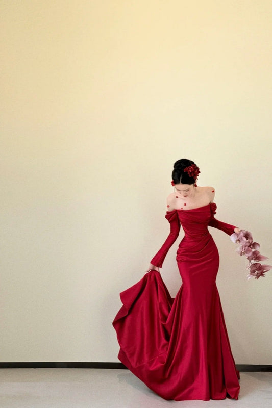 formaldressy- Red Long Sleeve Off-The-Shoulder Bodycon Satin Floor-Length Ball Gown Prom Dress gh5961